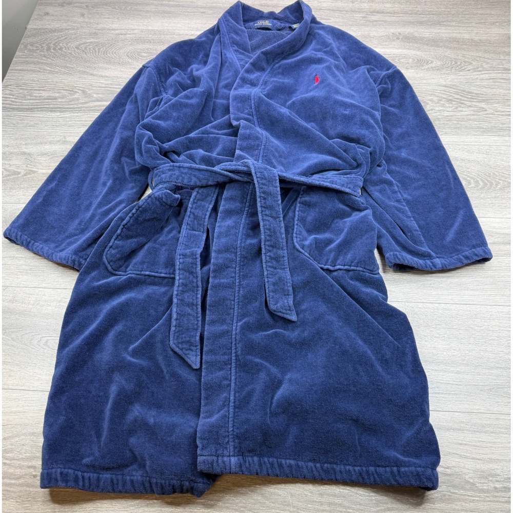 Polo Ralph Lauren Bath Robe Mens L/XL Navy Blue Terry Cloth Red Pony Belt Pocket